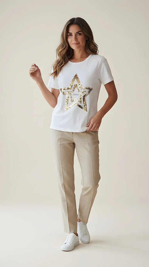 Tricou damă alb din bumbac cu stea aurie din paiete și inscripție 'shine', stil casual modern