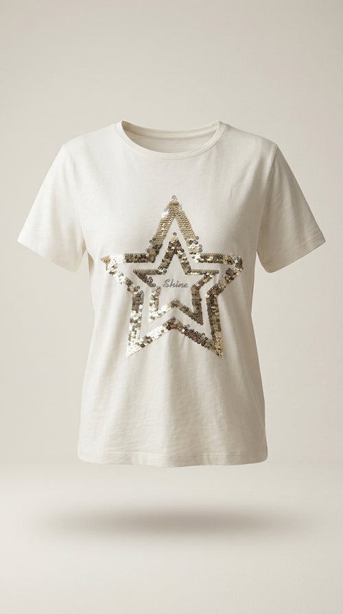 Tricou damă alb din bumbac cu stea aurie din paiete și inscripție 'shine', stil casual modern