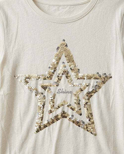 Tricou damă alb din bumbac cu stea aurie din paiete și inscripție 'shine', stil casual modern