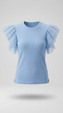 Tricou damă albastru ciel cu mâneci bufante din tul cu buline, top elegant casual din bumbac