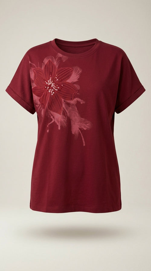 Tricou damă elegant grena cu floare brodată și paiete, mânecă scurtă, bumbac premium
