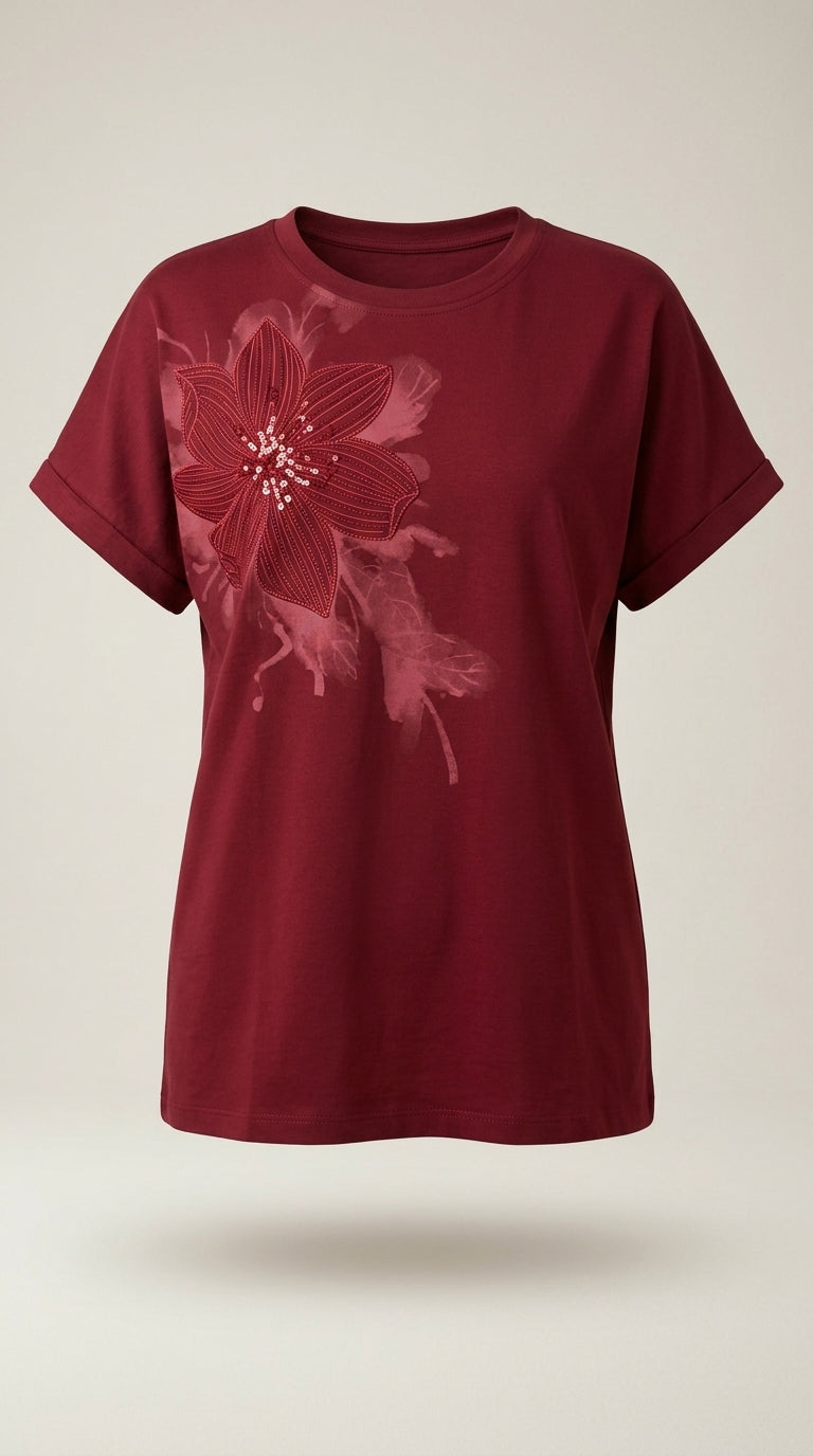 Tricou damă elegant grena cu floare brodată și paiete, mânecă scurtă, bumbac premium