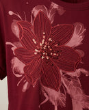Tricou damă elegant grena cu floare brodată și paiete, mânecă scurtă, bumbac premium