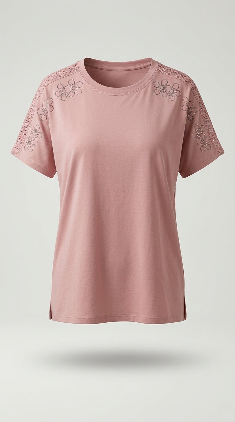 Tricou damă elegant roz prafuit cu broderie florală cu strasuri și inserții de dantelă pe umeri, mânecă scurtă | Mira Style