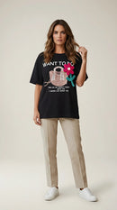 Tricou damă negru oversized din bumbac cu imprimeu geantă și aplicație 3d floare croșetată