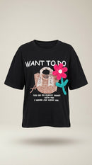 Tricou damă negru oversized din bumbac cu imprimeu geantă și aplicație 3d floare croșetată
