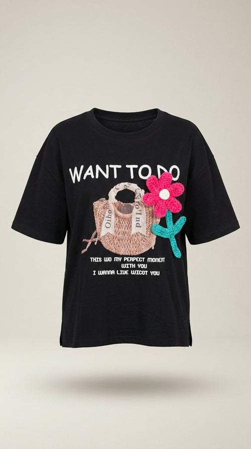 Tricou damă negru oversized din bumbac cu imprimeu geantă și aplicație 3d floare croșetată