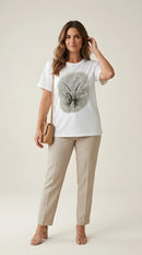 Tricou damă plus size alb din bumbac cu imprimeu floral tip buchet cu detalii strălucitoare, stil casual-elegant