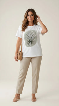 Tricou damă plus size alb din bumbac cu imprimeu floral tip buchet cu detalii strălucitoare, stil casual-elegant | Mira Style