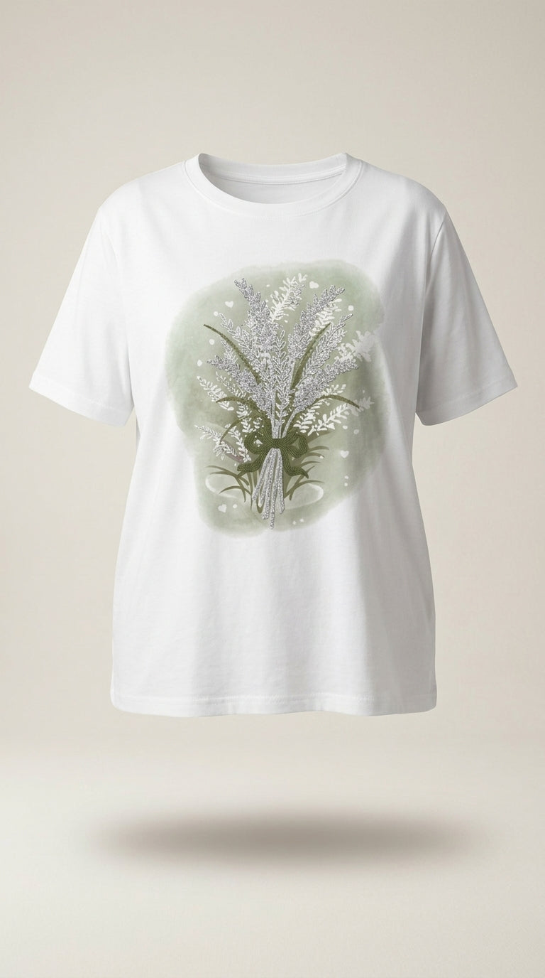 Tricou damă plus size alb din bumbac cu imprimeu floral tip buchet cu detalii strălucitoare, stil casual-elegant