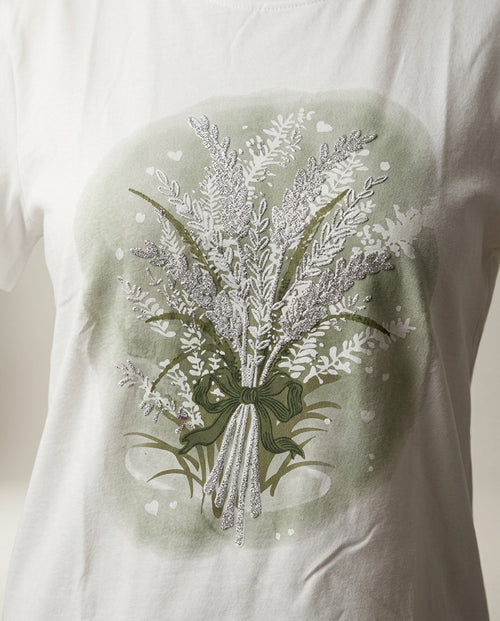 Tricou damă plus size alb din bumbac cu imprimeu floral tip buchet cu detalii strălucitoare, stil casual-elegant