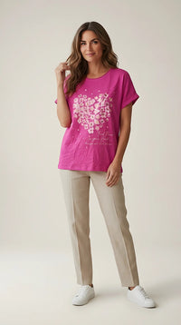 Tricou damă roz magenta cu imprimeu floral în formă de inimă și mesaj inspirațional 'find peace in your heart' | Mira Style