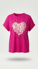 Tricou damă roz magenta cu imprimeu floral în formă de inimă și mesaj inspirațional 'find peace in your heart'
