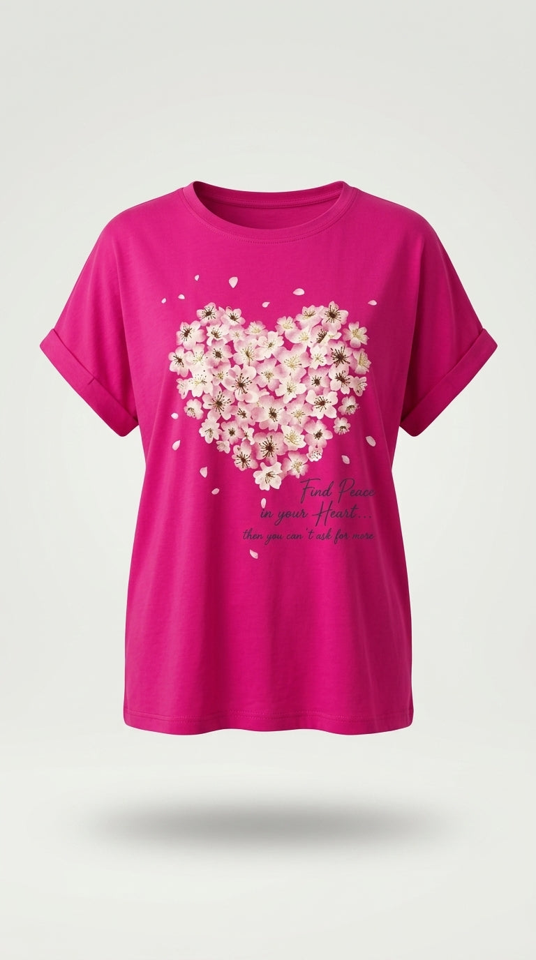 Tricou damă roz magenta cu imprimeu floral în formă de inimă și mesaj inspirațional 'find peace in your heart'