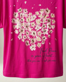 Tricou damă roz magenta cu imprimeu floral în formă de inimă și mesaj inspirațional 'find peace in your heart'