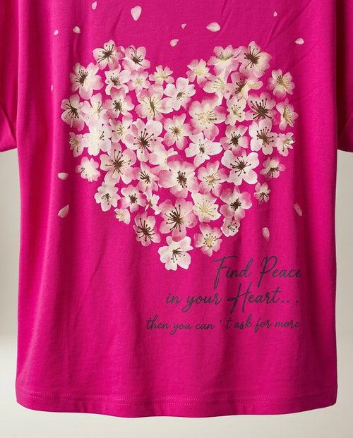 Tricou damă roz magenta cu imprimeu floral în formă de inimă și mesaj inspirațional 'find peace in your heart'