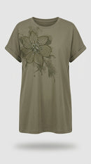Tricou damă supradimensionat verde kaki cu floare aplicată și mărgele, stil casual-elegant din bumbac