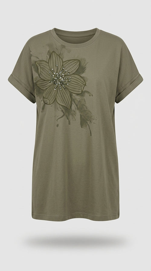 Tricou damă supradimensionat verde kaki cu floare aplicată și mărgele, stil casual-elegant din bumbac
