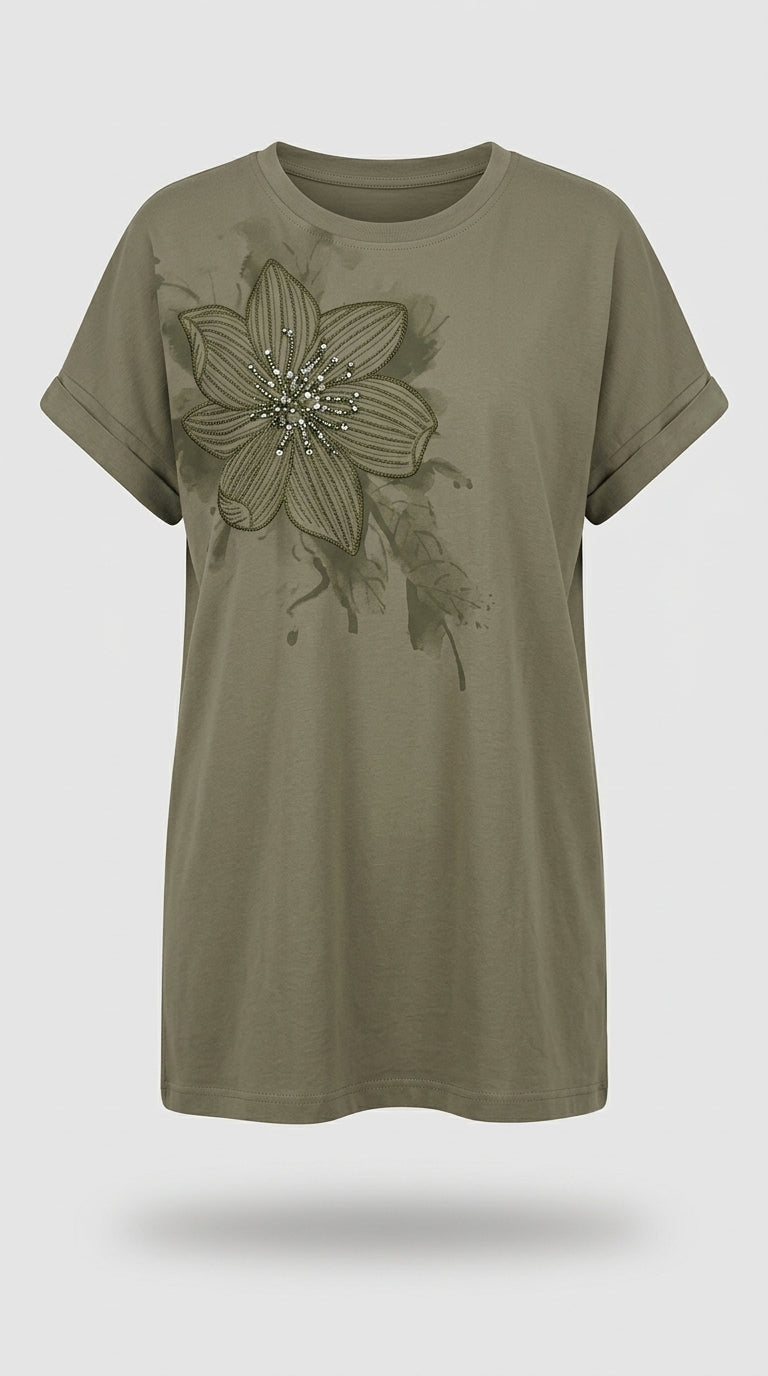Tricou damă supradimensionat verde kaki cu floare aplicată și mărgele, stil casual-elegant din bumbac
