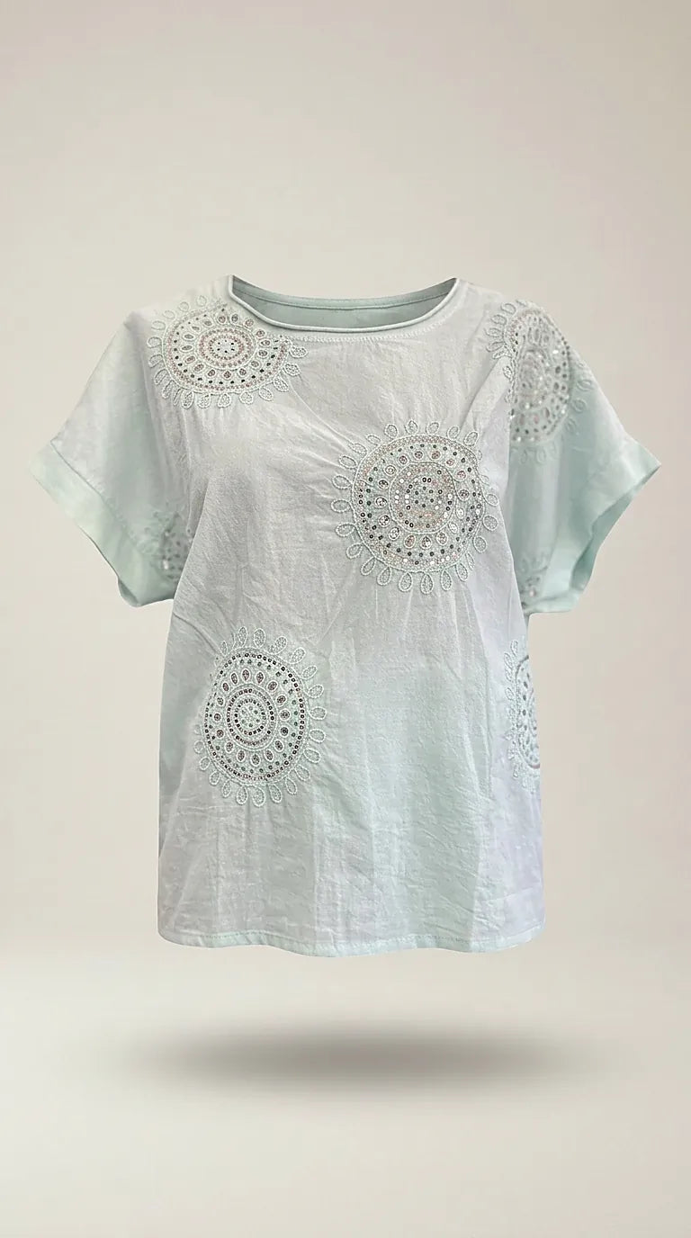 Tricou damă verde mentă cu broderie mandala și paiete, stil boho-chic, mânecă scurtă | Mira Style