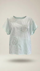 Tricou damă verde mentă cu broderie mandala și paiete, stil boho-chic, mânecă scurtă