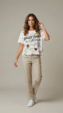 Tricou de damă alb din bumbac cu imprimeu artistic "collect funny moments", aplicații cu mărgele și design multicolor stil graffiti