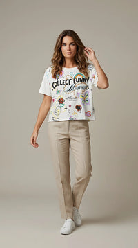 Tricou de damă alb din bumbac cu imprimeu artistic "collect funny moments", aplicații cu mărgele și design multicolor stil graffiti | Mira Style