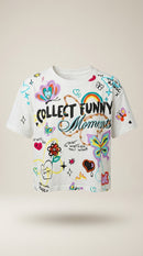 Tricou de damă alb din bumbac cu imprimeu artistic "collect funny moments", aplicații cu mărgele și design multicolor stil graffiti