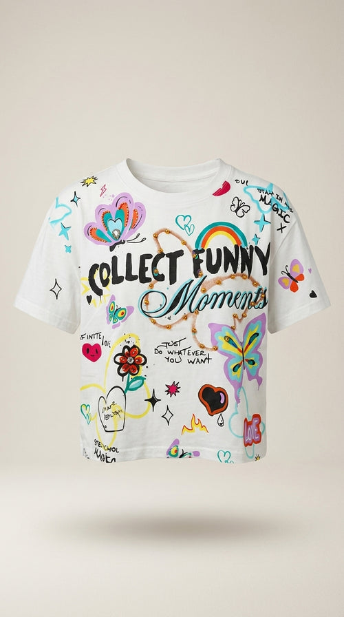 Tricou de damă alb din bumbac cu imprimeu artistic "collect funny moments", aplicații cu mărgele și design multicolor stil graffiti