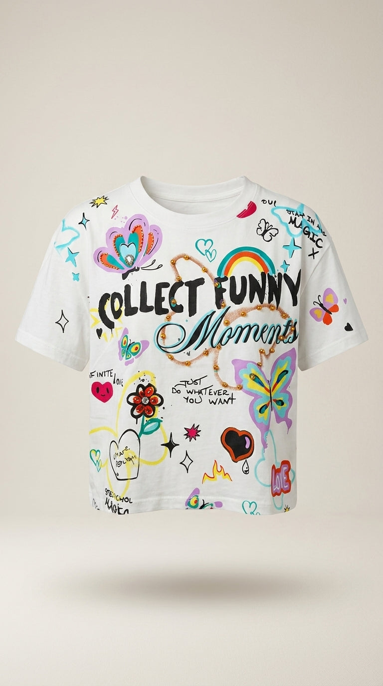 Tricou de damă alb din bumbac cu imprimeu artistic "collect funny moments", aplicații cu mărgele și design multicolor stil graffiti
