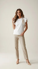 Tricou de damă alb din bumbac cu mâneci scurte cu volane și broderie, stil casual-elegant