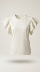 Tricou de damă alb din bumbac cu mâneci scurte cu volane și broderie, stil casual-elegant
