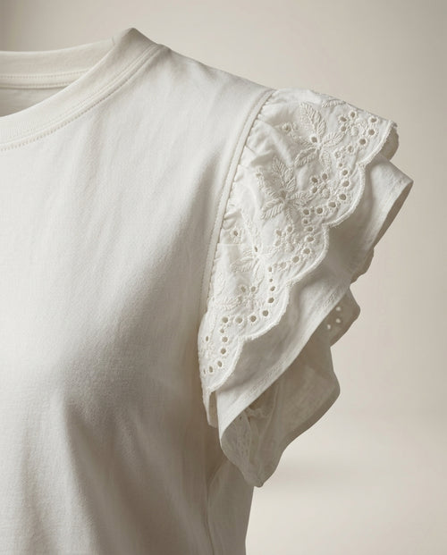 Tricou de damă alb din bumbac cu mâneci scurte cu volane și broderie, stil casual-elegant