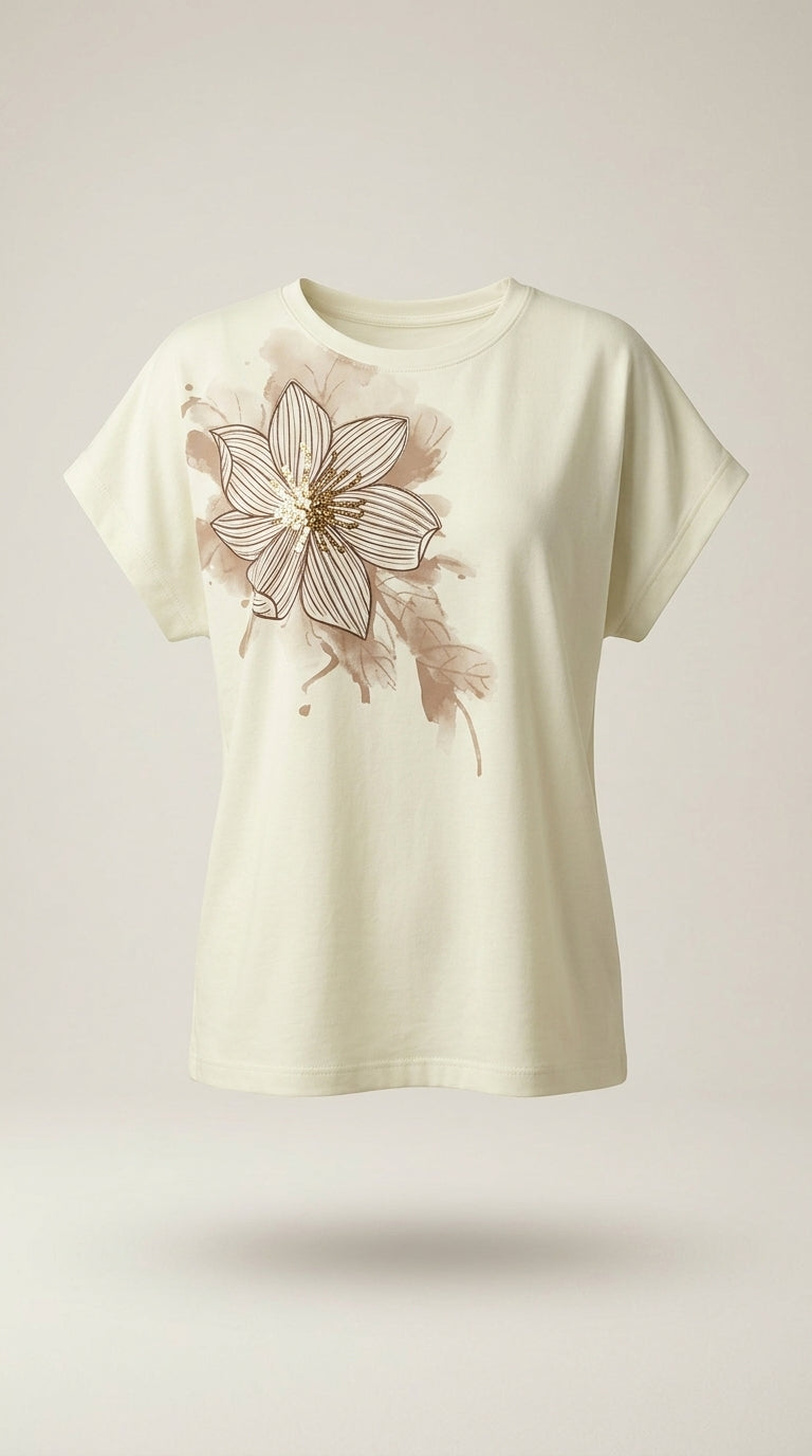 Tricou de damă alb lejer cu imprimeu floral maro și detalii cu paiete aurii | Mira Style