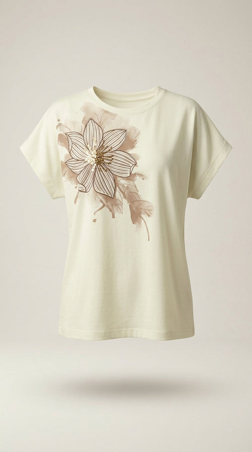 Tricou de damă alb lejer cu imprimeu floral maro și detalii cu paiete aurii
