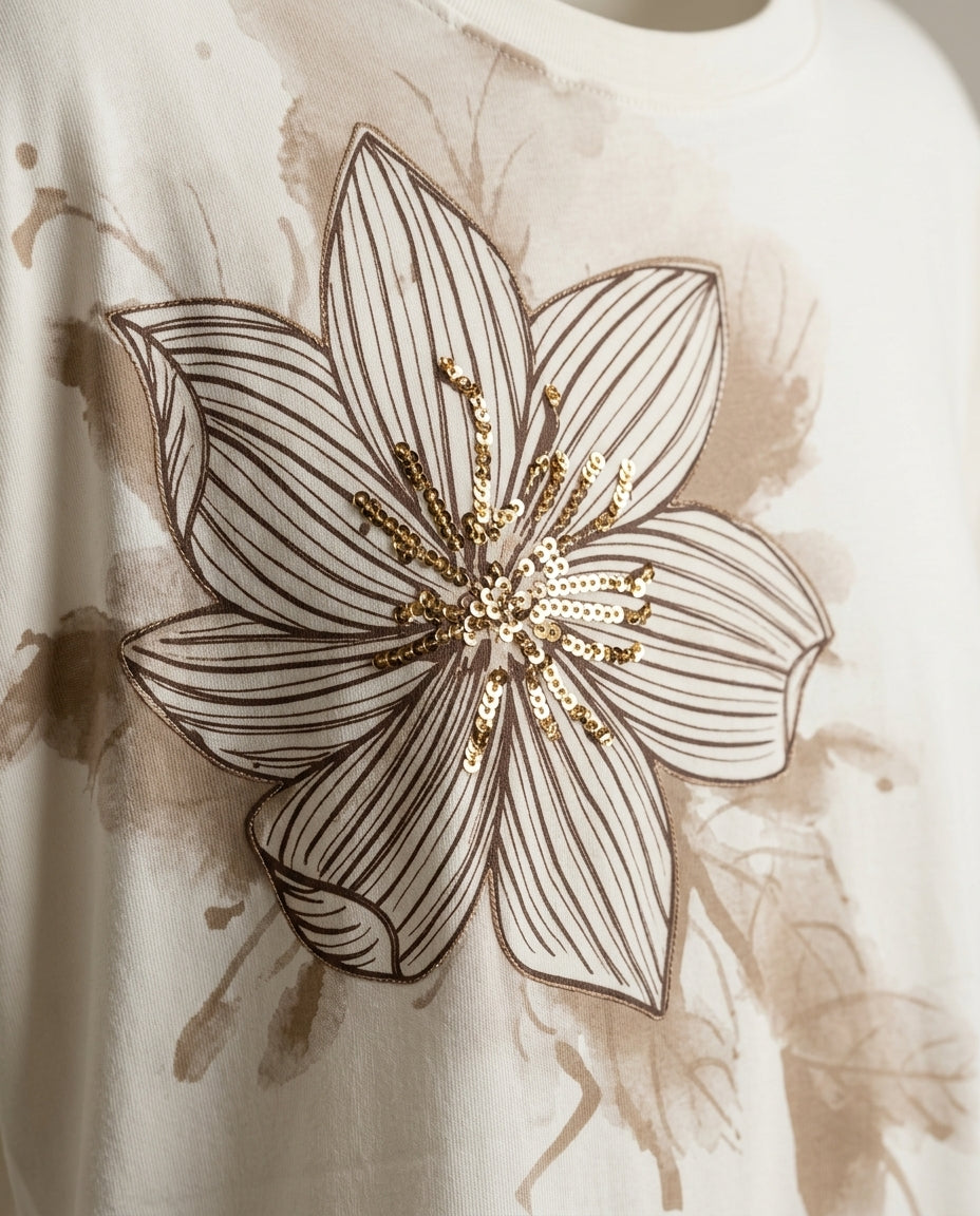 Tricou de damă alb lejer cu imprimeu floral maro și detalii cu paiete aurii