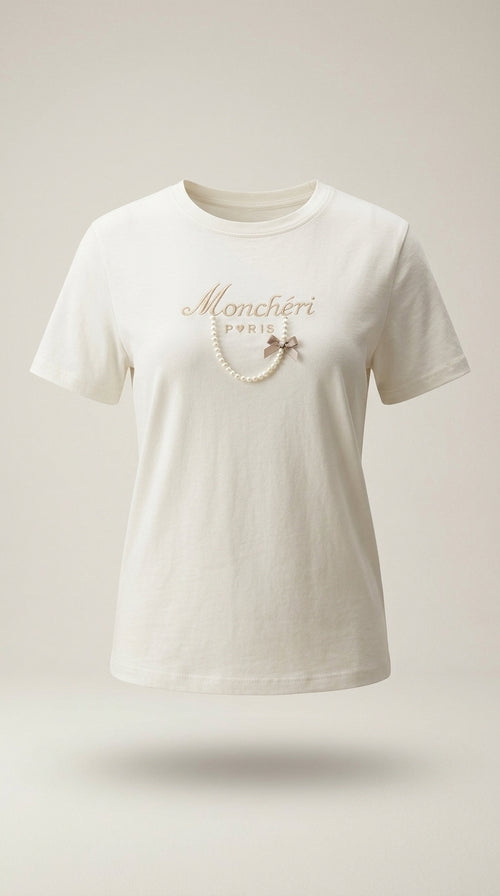 Tricou de damă alb 'monchéri paris' cu aplicații perle și fundiță, stil casual elegant