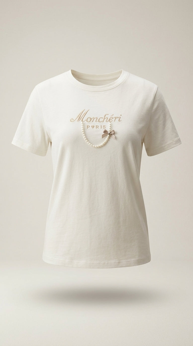 Tricou de damă alb 'monchéri paris' cu aplicații perle și fundiță, stil casual elegant