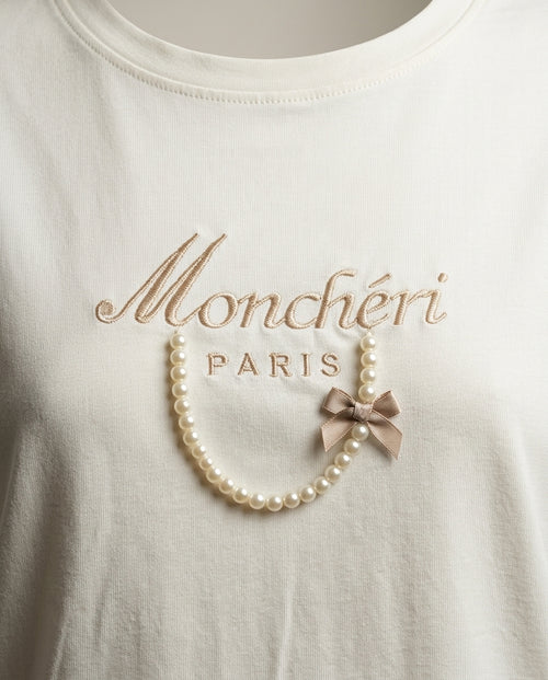 Tricou de damă alb 'monchéri paris' cu aplicații perle și fundiță, stil casual elegant