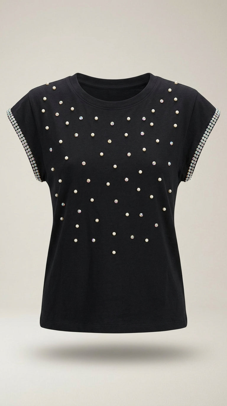 Tricou de damă elegant negru cu aplicații de perle și cristale, mânecă scurtă cu strasuri, stil casual-chic | Mira Style