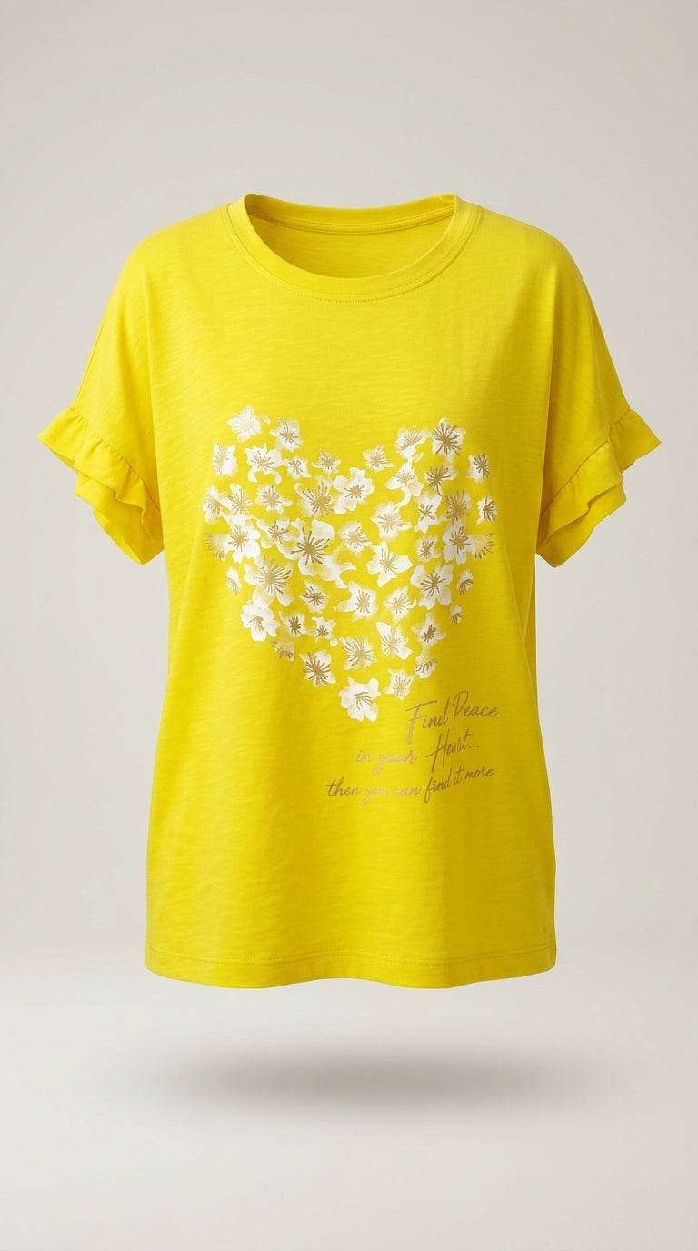 Tricou de damă galben vibrant cu imprimeu floral în formă de inimă și mesaj caligrafic, mâneci scurte , din amestec de bumbac și viscoză | Mira Style