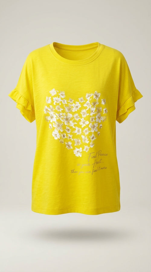 Tricou de damă galben vibrant cu imprimeu floral în formă de inimă și mesaj caligrafic, mâneci scurte, din amestec de bumbac și vâscoză