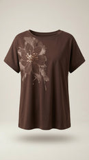 Tricou de damă maro cu design floral și aplicații de paiete, mânecă scurtă, stil casual-chic