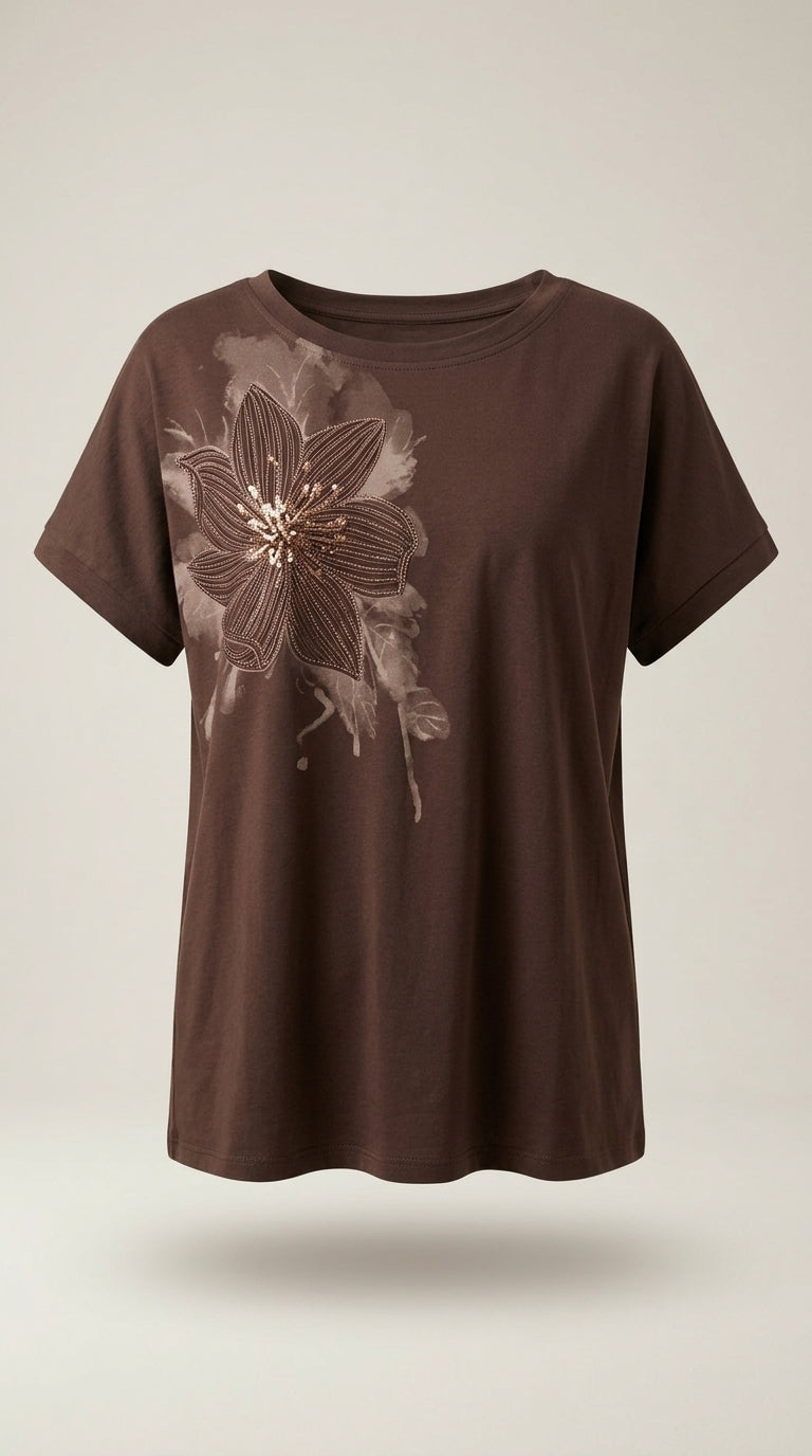 Tricou de damă maro cu design floral și aplicații de paiete, mânecă scurtă, stil casual-chic