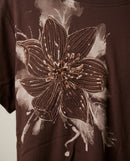 Tricou de damă maro cu design floral și aplicații de paiete, mânecă scurtă, stil casual-chic