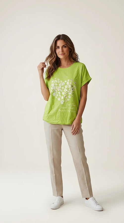 Tricou de damă verde lime cu imprimeu floral în formă de inimă și mesaj inspirațional, mânecă scurtă stil casual