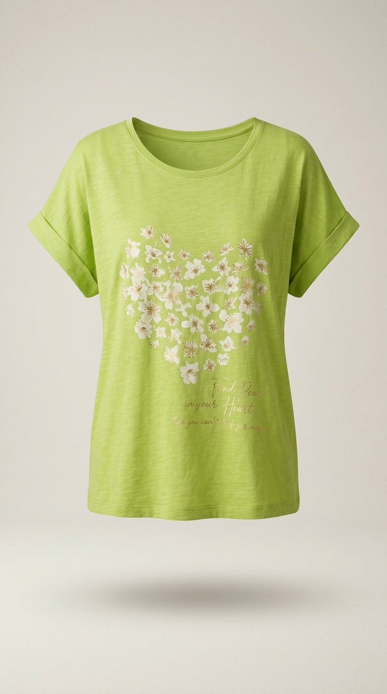Tricou de damă verde lime cu imprimeu floral în formă de inimă și mesaj inspirațional, mânecă scurtă stil casual | Mira Style