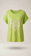 Tricou de damă verde lime cu imprimeu floral în formă de inimă și mesaj inspirațional, mânecă scurtă stil casual