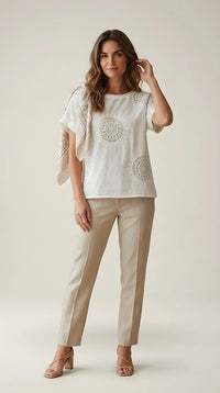 Tricou din bumbac cu broderie mandala și paiete, mânecă scurtă stil boho-chic | Mira Style