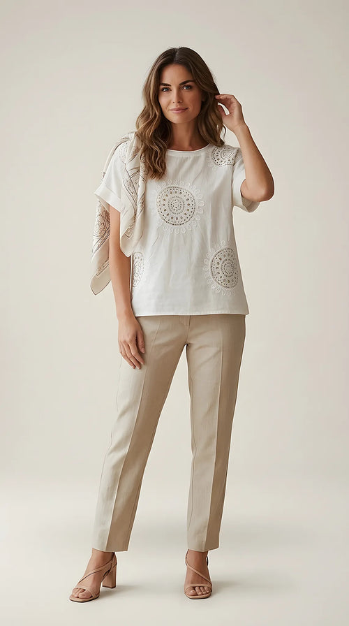 Tricou din bumbac cu broderie mandala și paiete, mânecă scurtă stil boho-chic